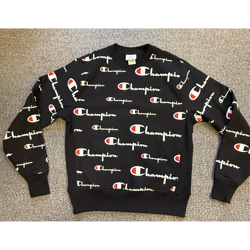 Champion Reverse Weave All Over Print Script Logo Sweatshirt‎ Black Mens Medium